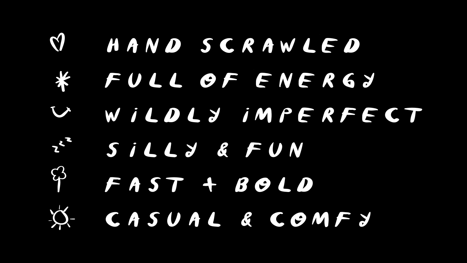 Lonnie Draws Bold traits card, hand scrawled, full of energy, wildly imperfect, silly and fun, fast and bold, casual and comfy
