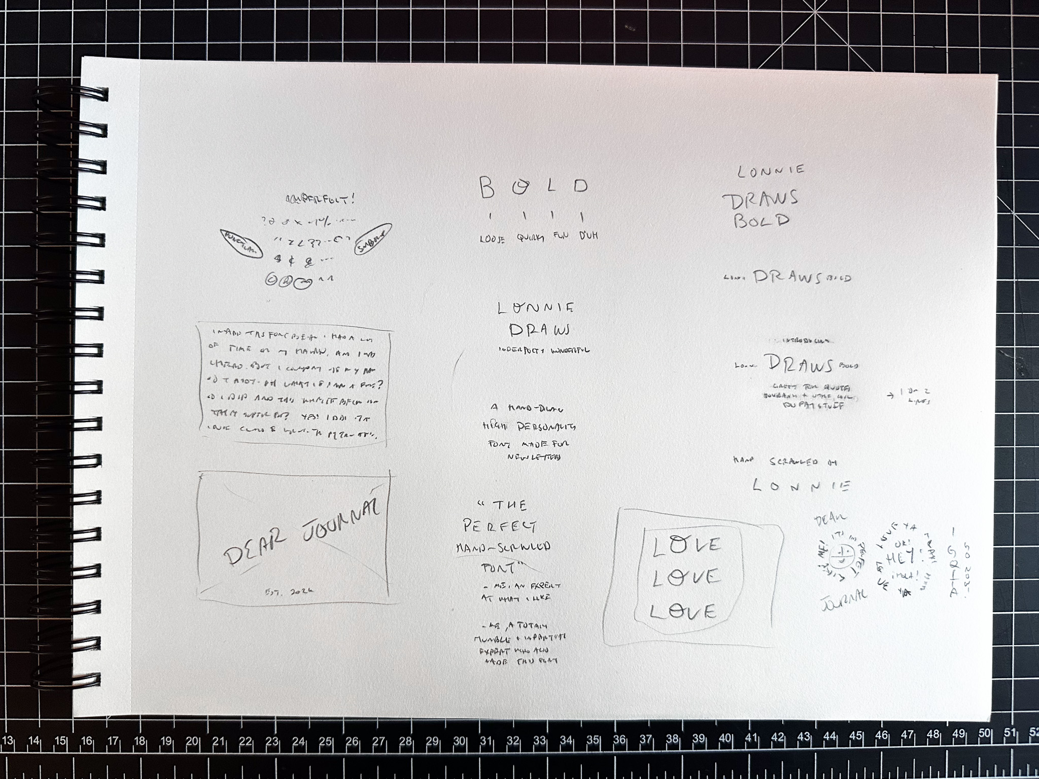 A sketchbook page of pencil concepts for Lonnie Draws Bold, Dear Journal, and love love love