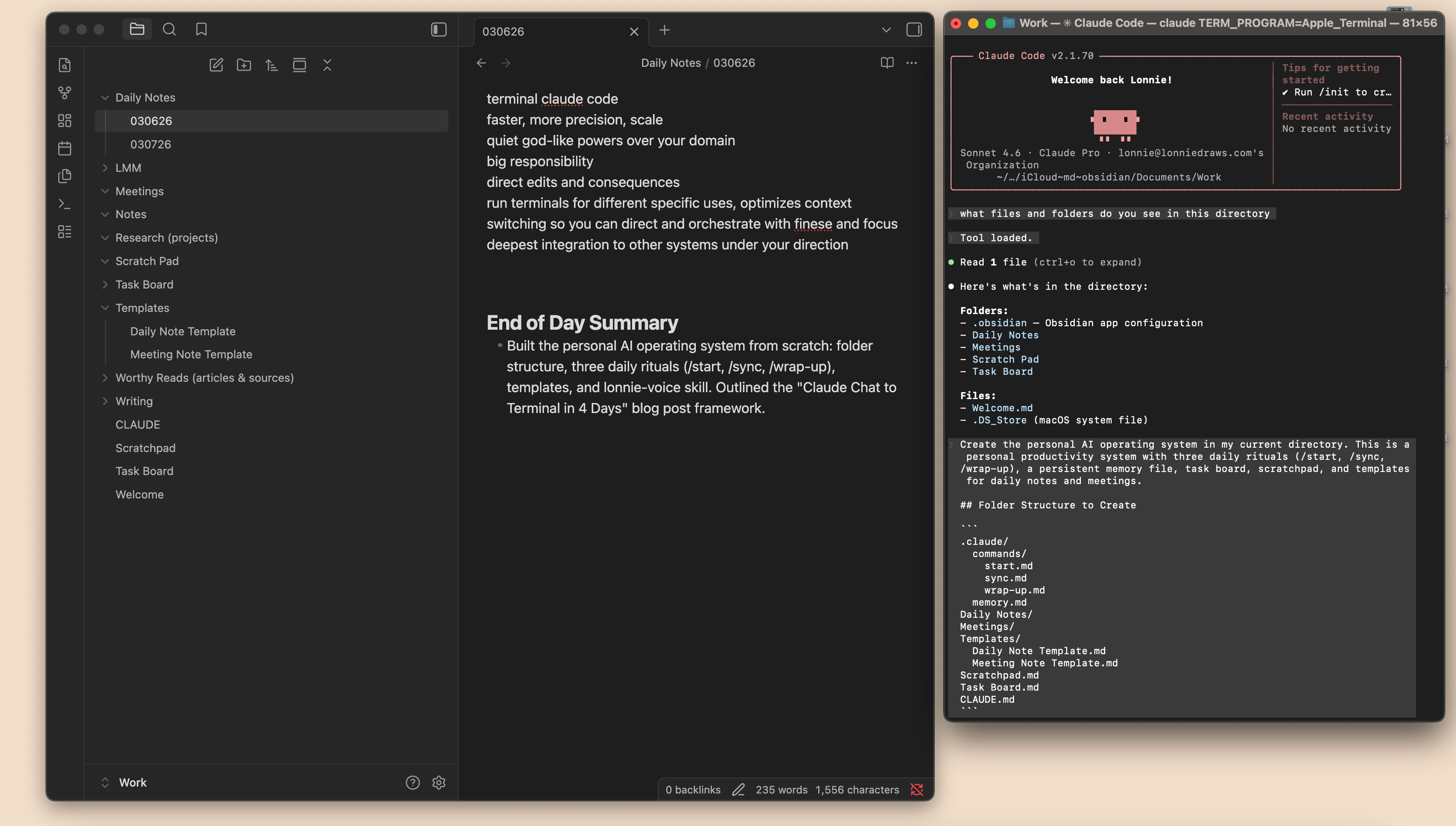 My new supercharged task list and open source note taking system powered byObsidianon the left. Simultaneously updating rules, naming conventions, and content systematically via the terminal on the right.