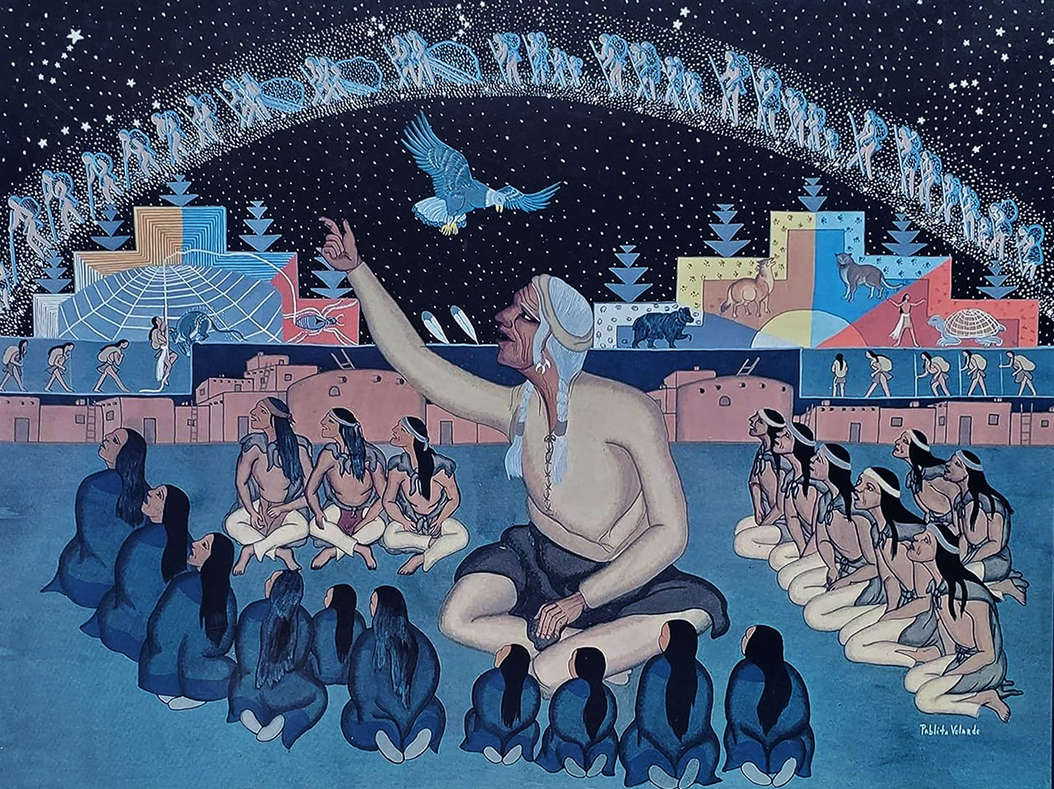 Pablita Velarde, storyteller from Santa Clara Pueblo, retells the story of Long Sash (Orion) leading his people through the stars to find the land Pueblo people inhabit in her book “Old Father Story Teller” (cover shown)