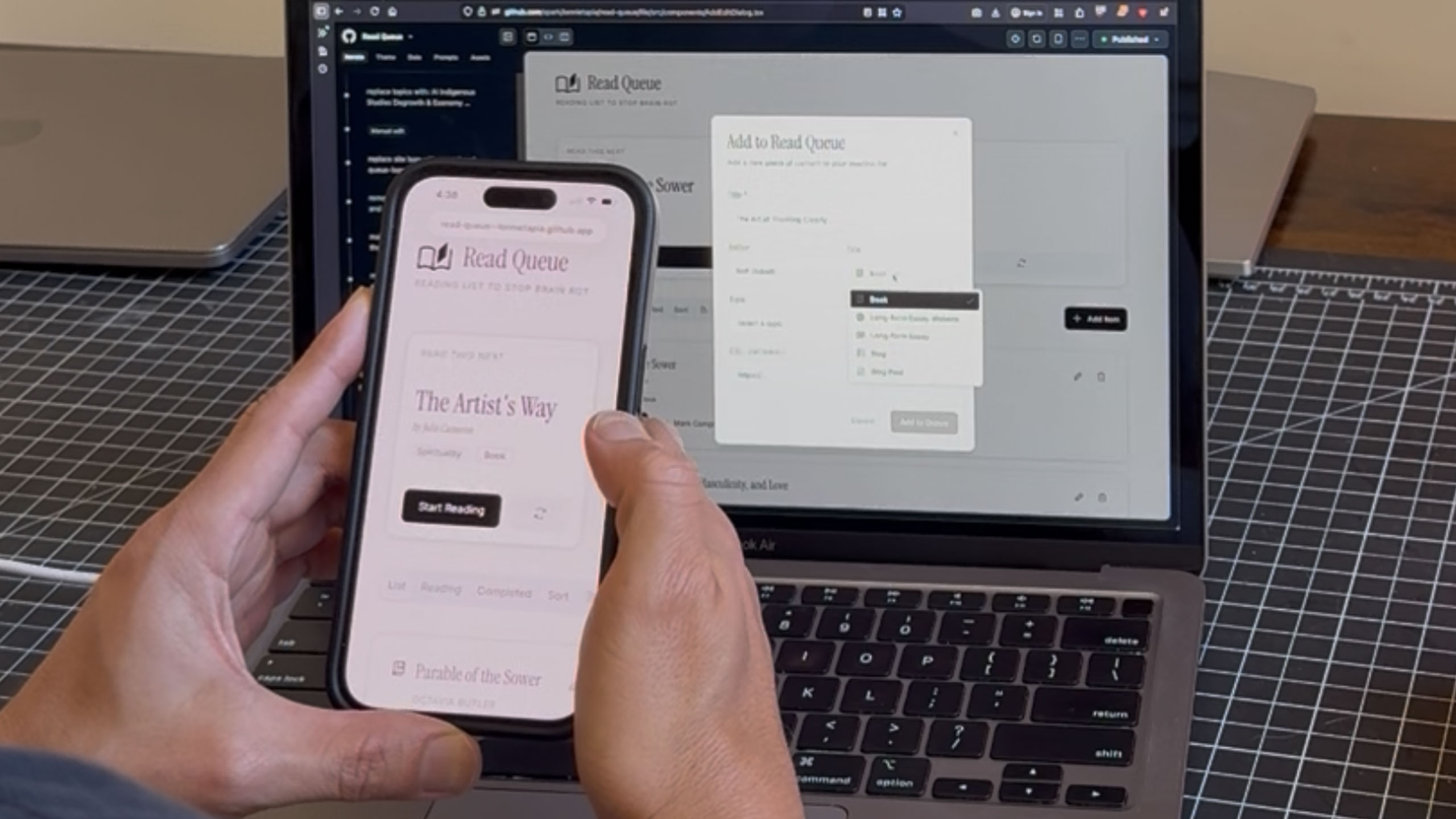 Vibe coding on a laptop and viewing the live web app less than 2 hours later on a phone